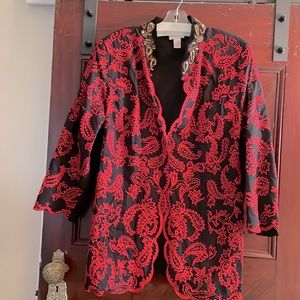Chicos black and red embroidered jacket. Velvet sequined collar trim.